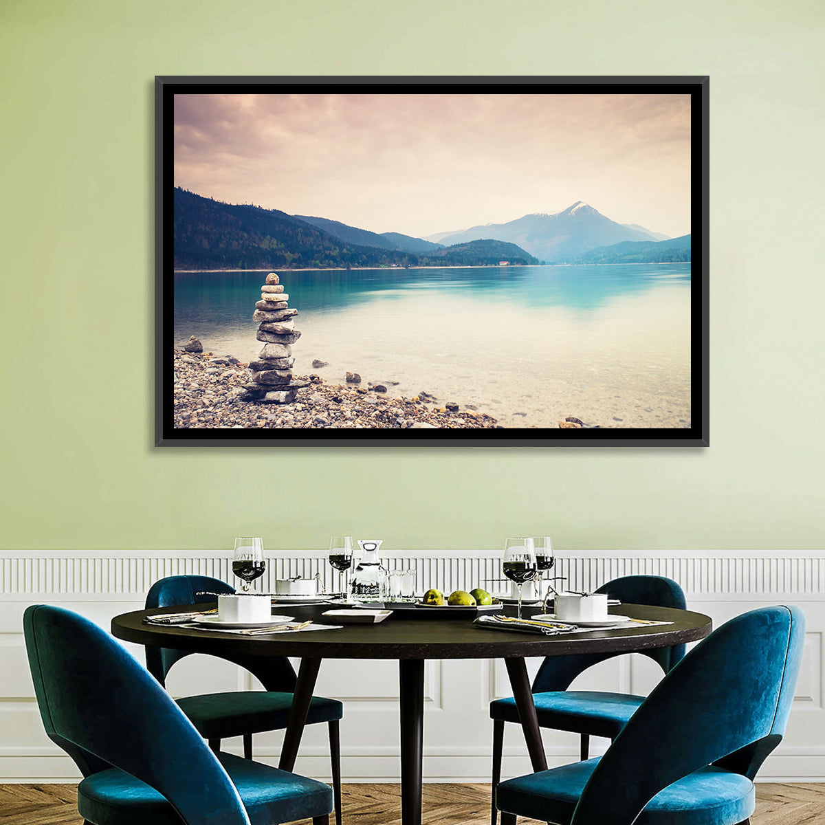 Stone Cairn by a Mountain Lake Wall Art in a room, landscape