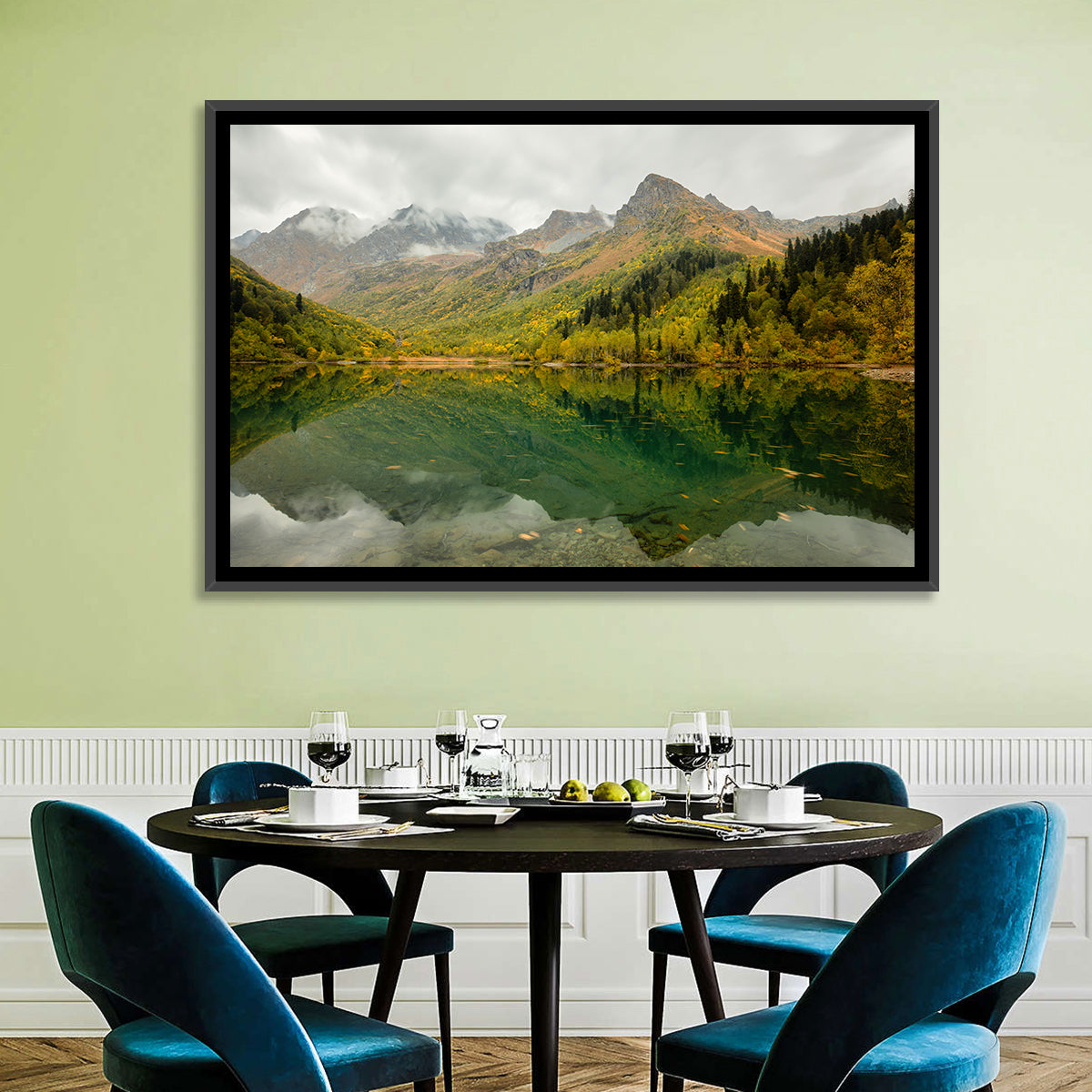 Kardyvach Lake Reflection Under Clouded Peaks Wall Art in a room, landscape