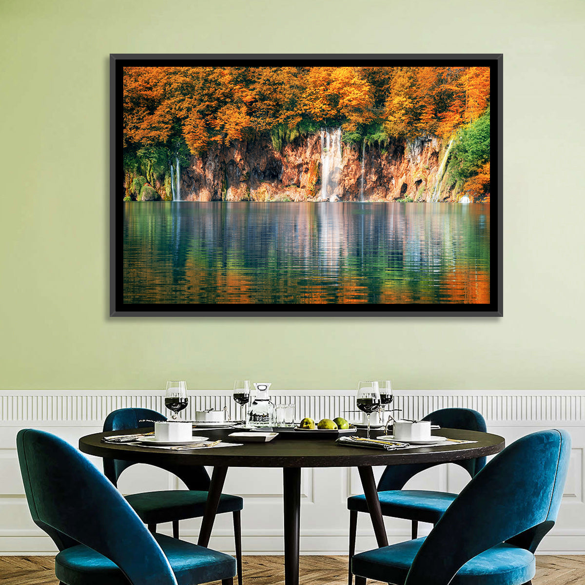 Autumn Reflections at Plitvice Lakes Wall Art in a room, landscape
