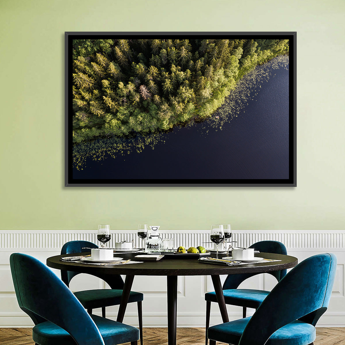 Aerial Lake with Red Boat Wall Art in a room, landscape