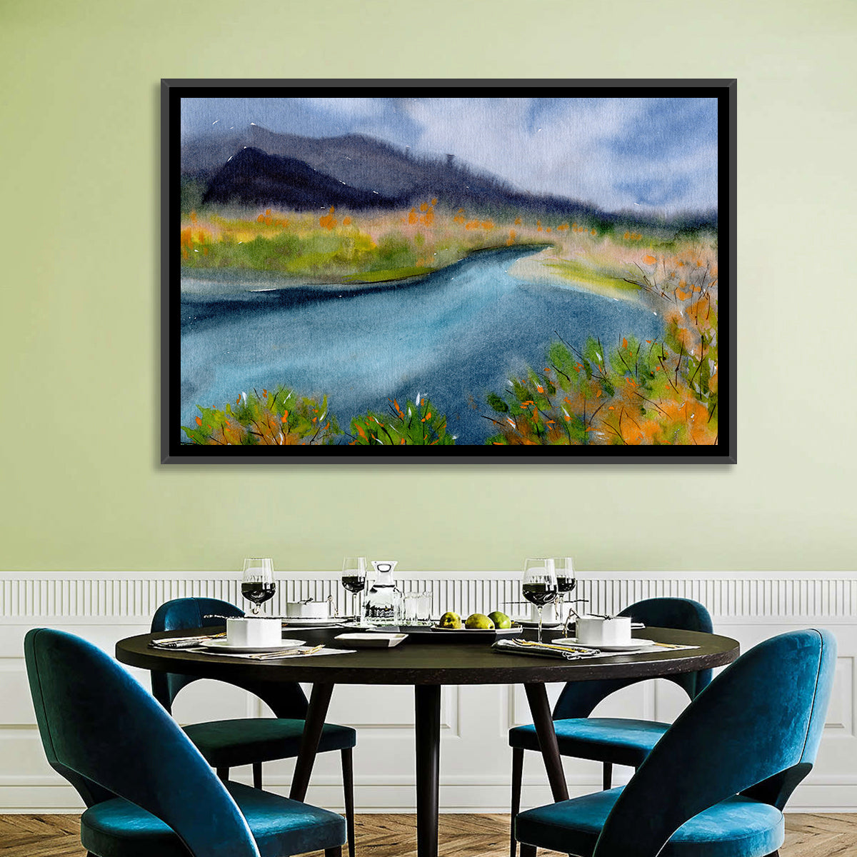 Misty Autumn River and Mountain Landscape Wall Art in a room, landscape