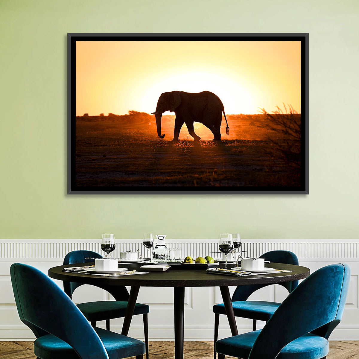Golden Hour Elephant Silhouette Wall Art in a room, landscape