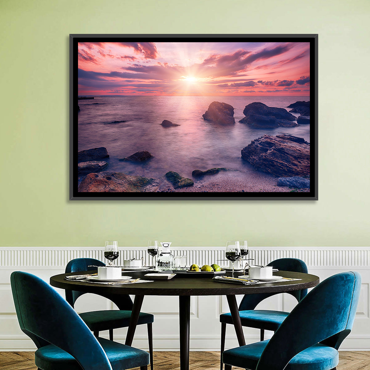 Ethereal Sea Sunrise Wall Art in a room, landscape