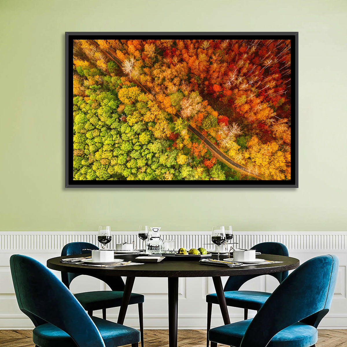 Winding Road Through Autumn Forest Wall Art in a room, landscape