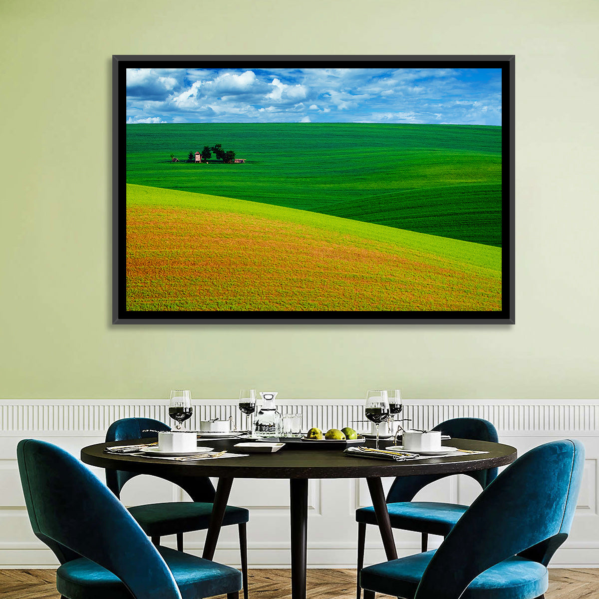 Golden Field and Green Hillside Wall Art in a room, landscape