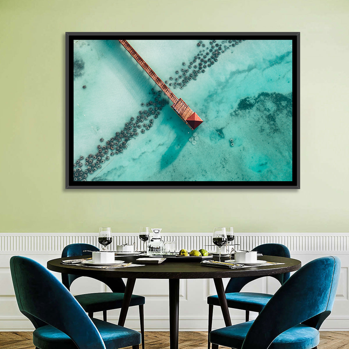 Aerial Red Pier Over Turquoise Water Wall Art in a room, landscape