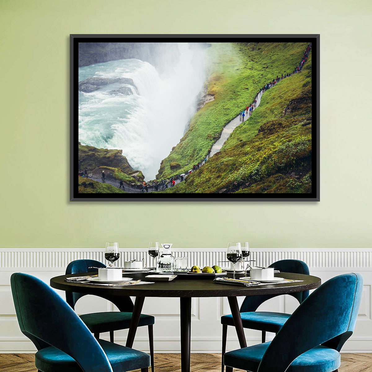 Misty Path at Gullfoss Waterfall Wall Art in a room, landscape