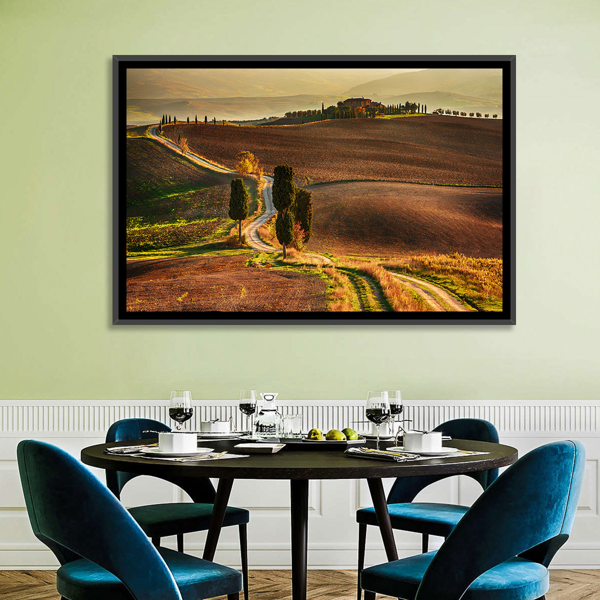 Val D’orcia Winding Golden Road Wall Art in a room, landscape