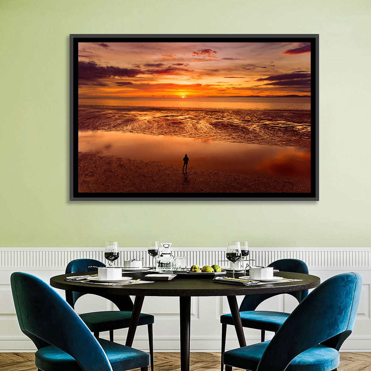 Solitary Figure on Sunset Shore Wall Art in a room, landscape