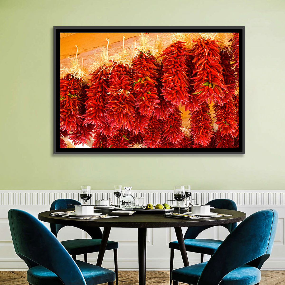 Hanging Dried Chili Peppers Wall Art in a room, landscape