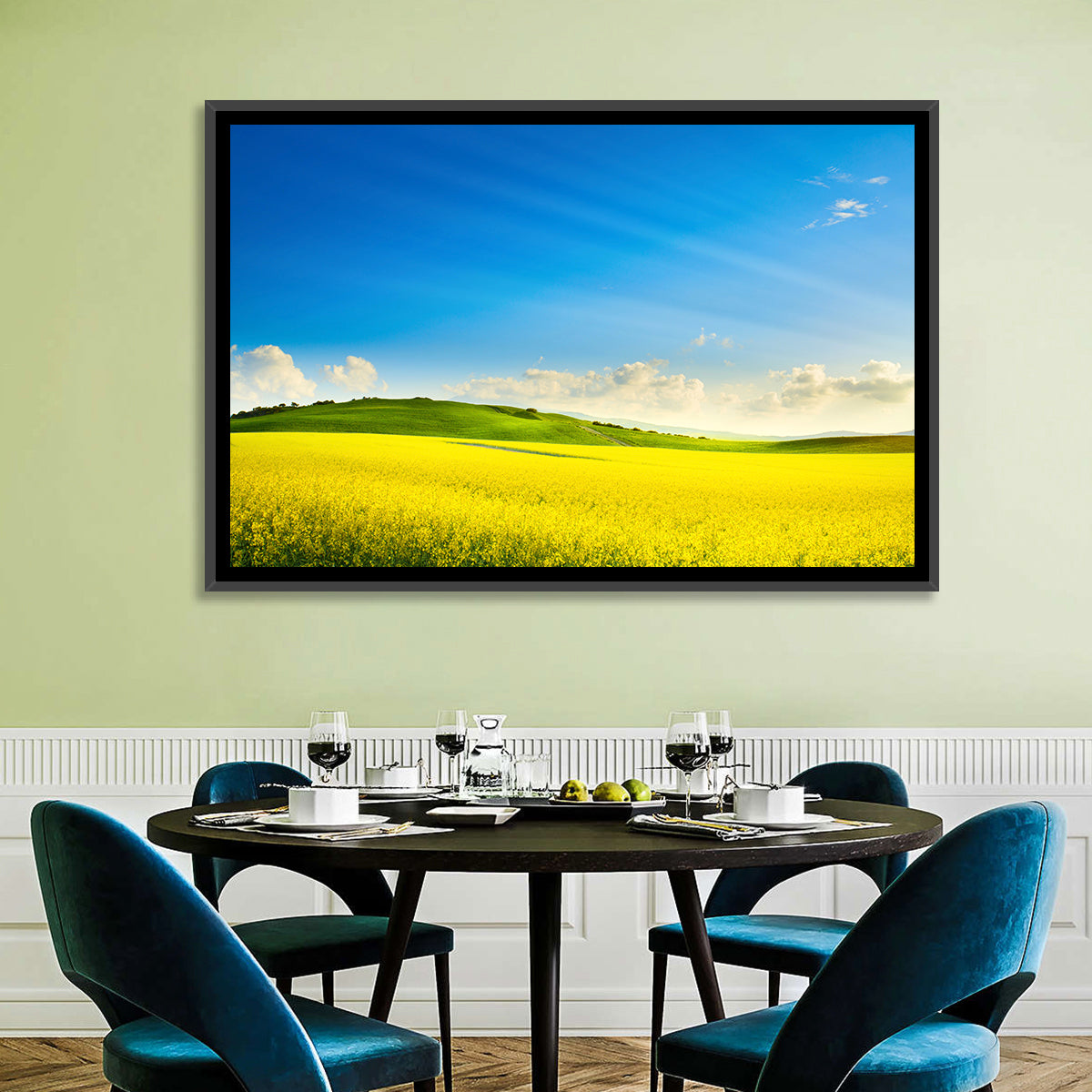 Rapeseed Field and Rolling Hills Under Blue Sky Wall Art