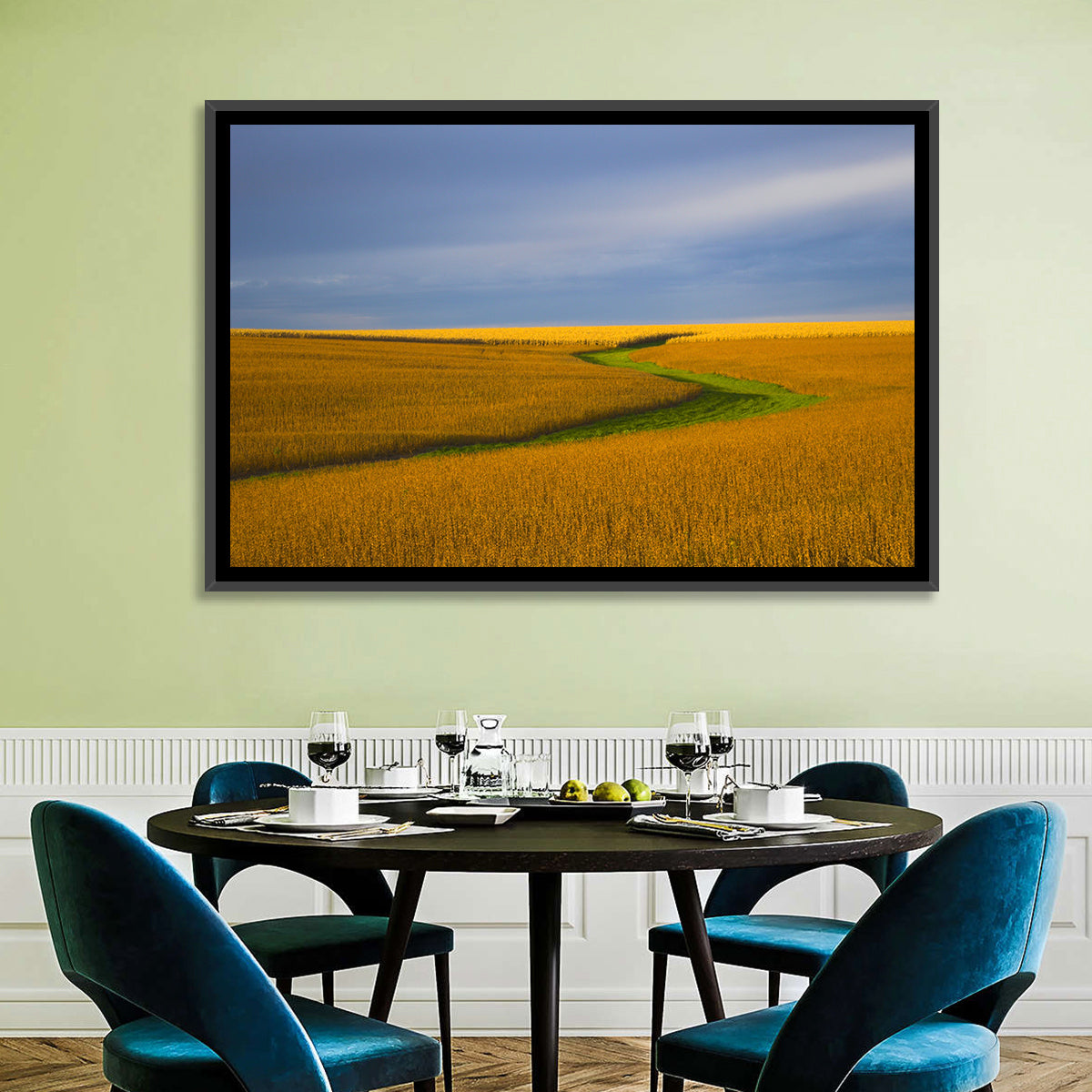 Golden Hour Soybean Field Wall Art in a room, landscape
