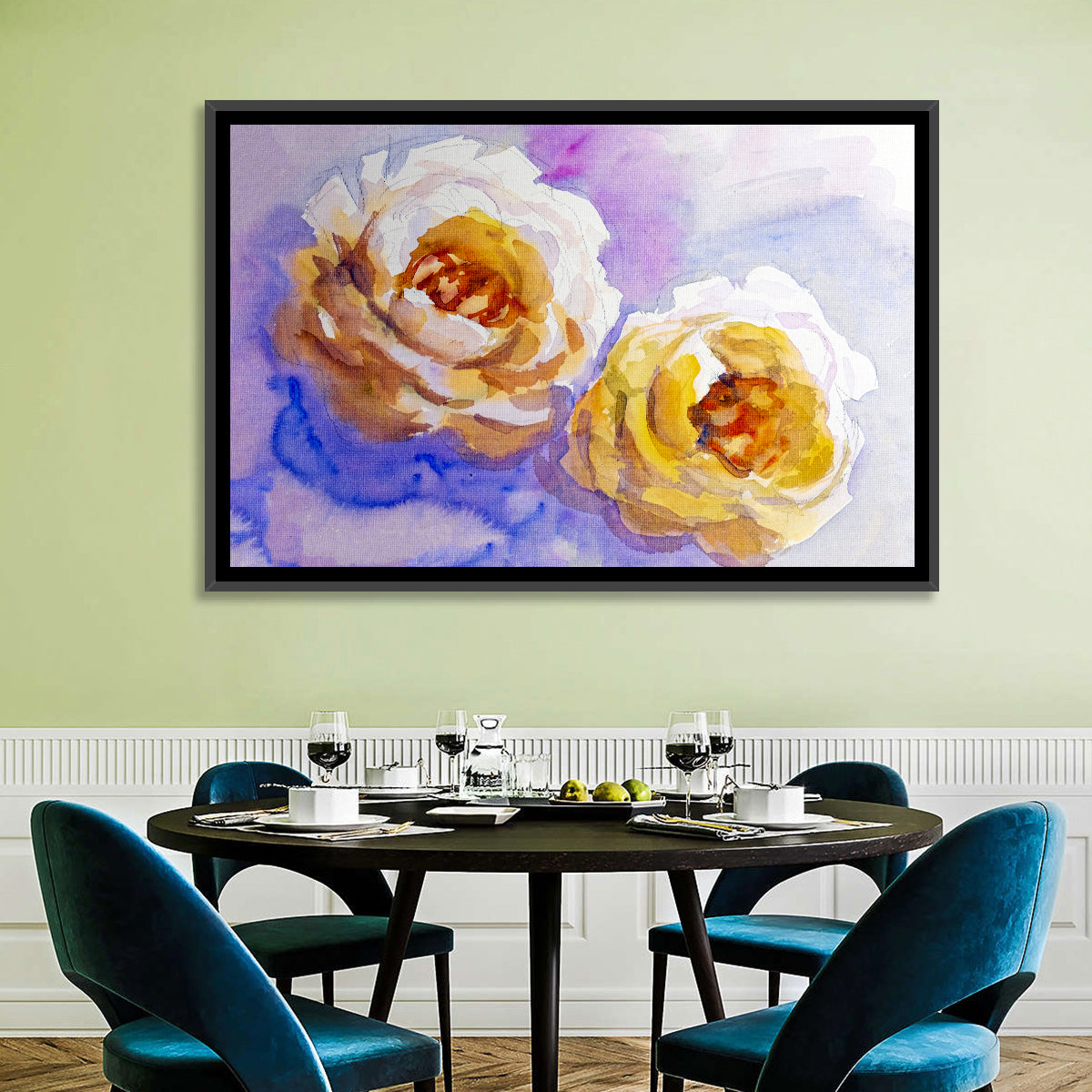 Diagonal Rose Pair Study Wall Art in a room, landscape