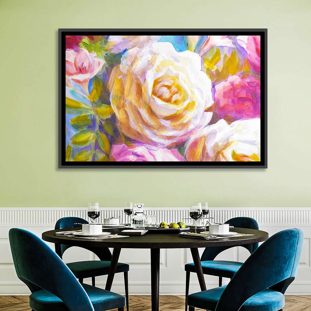 White and Gold Rose Bouquet Wall Art in a room, landscape