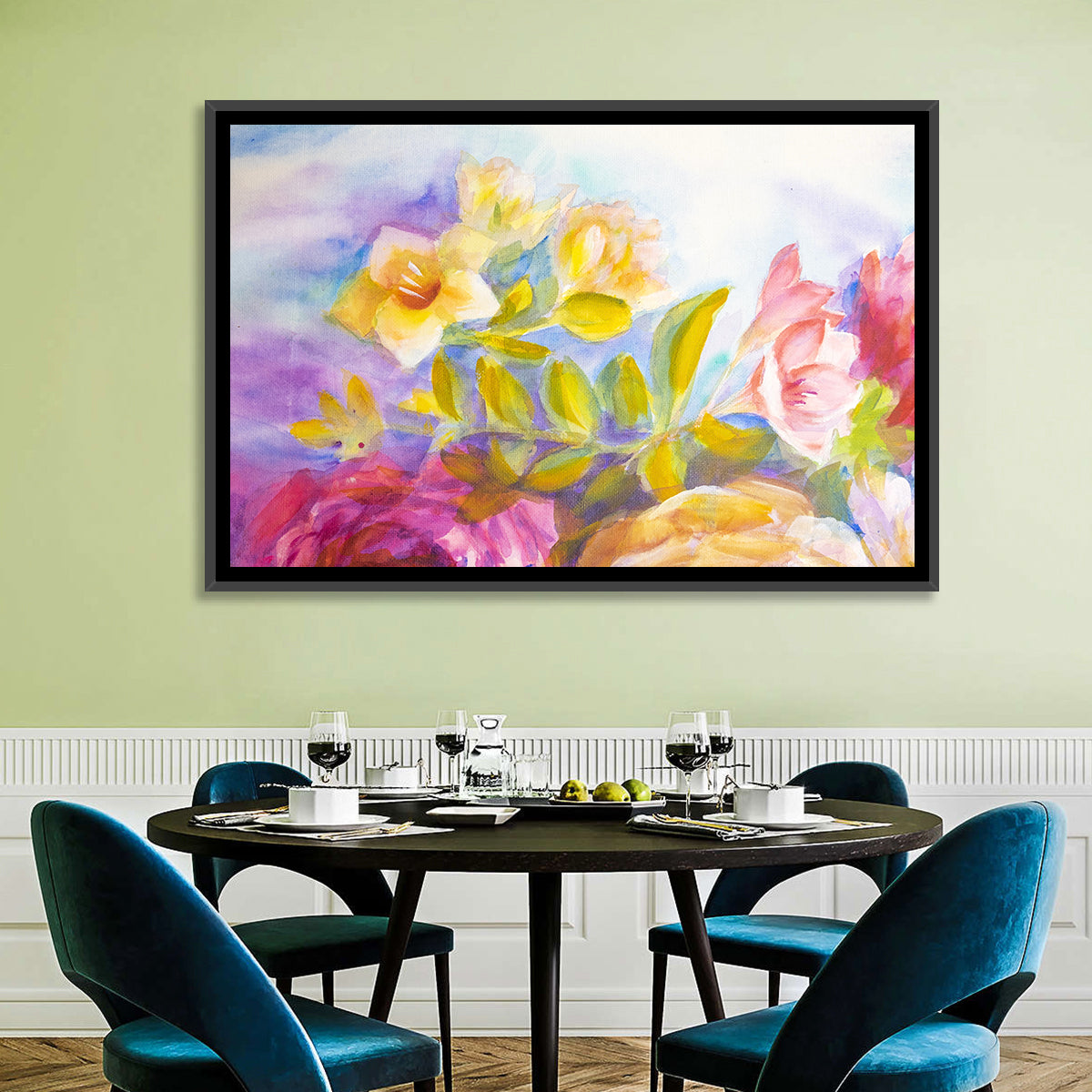 Pink and Yellow Watercolor Blossoms Wall Art in a room, landscape