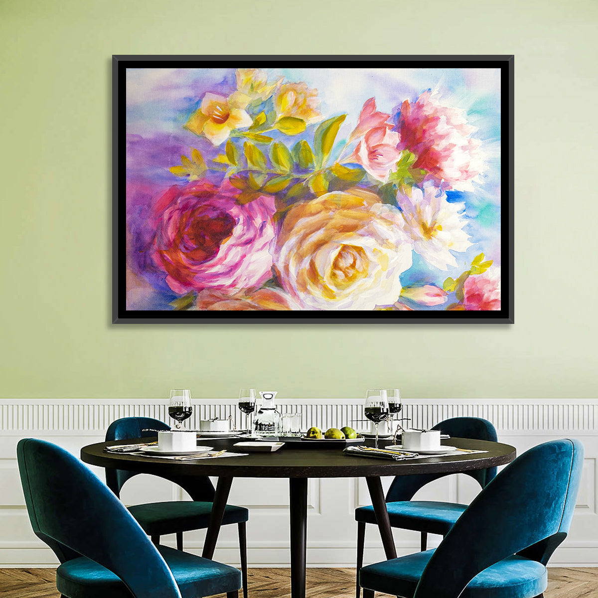 Painterly Peonies and Rose Bouquet Wall Art in a room, landscape