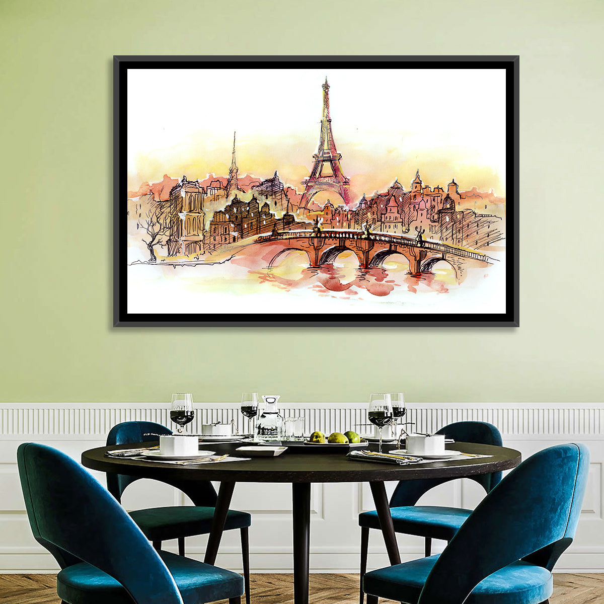 Eiffel Tower Watercolor at Dusk Wall Art in a room, landscape