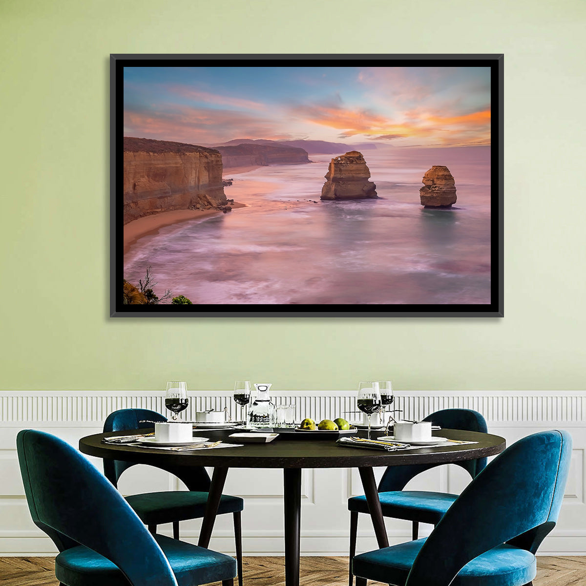 Twelve Apostles Sunset Sea Stacks Wall Art in a room, landscape