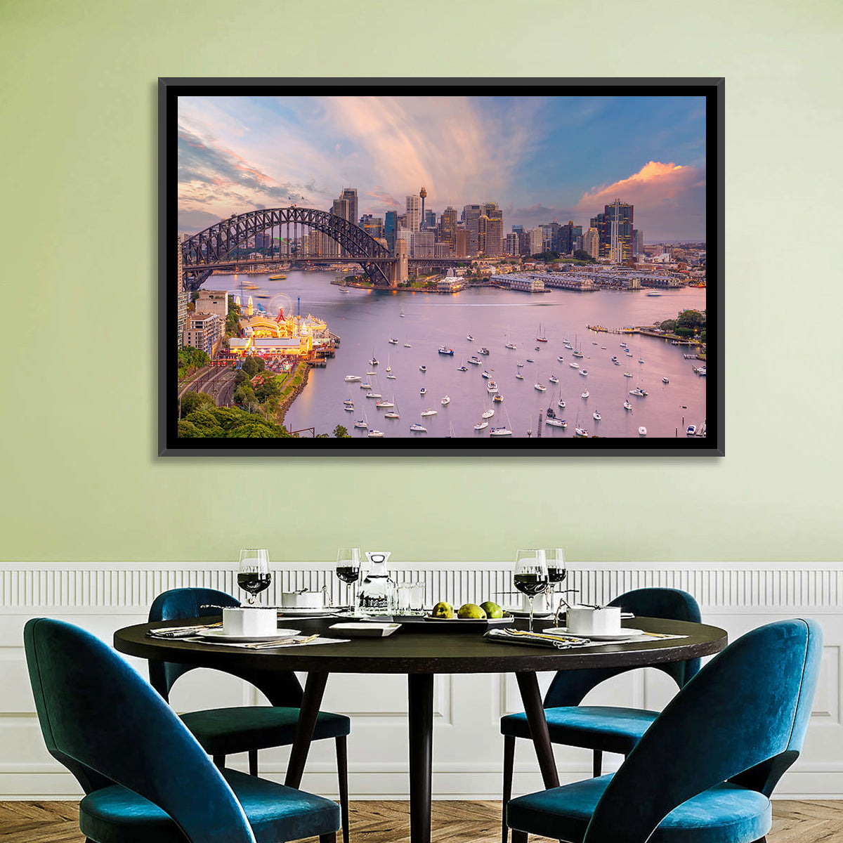 Sydney Harbour Bridge at Golden Twilight Wall Art in a room, landscape