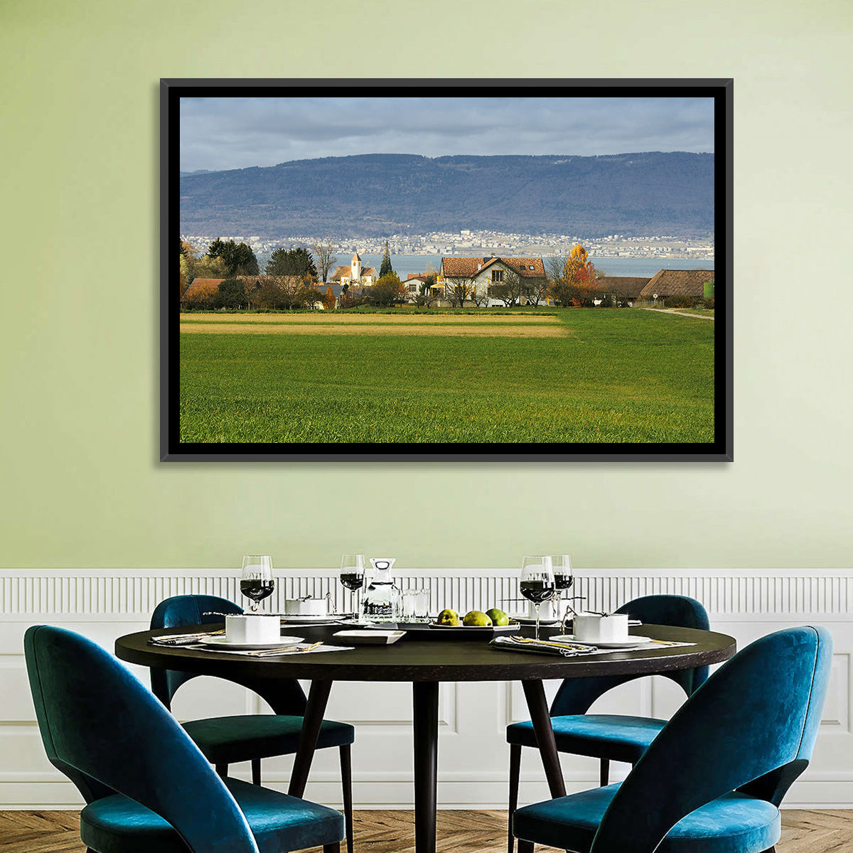 Lake Neuchatel Countryside View Wall Art in a room, landscape