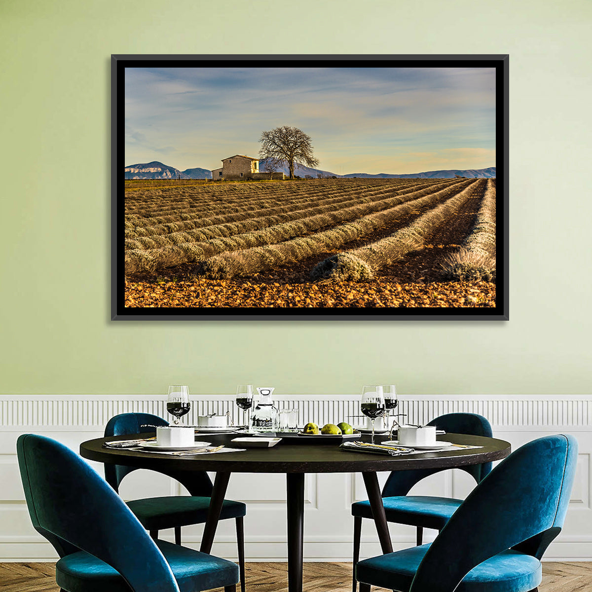 Rustic Provence Lavender Rows at Golden Hour Wall Art in a room, landscape