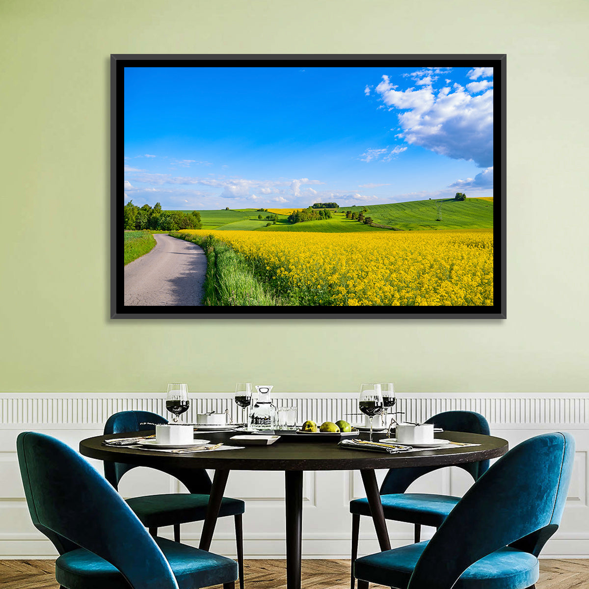 Rapeseed Field Road Under Blue Sky Wall Art in a room, landscape