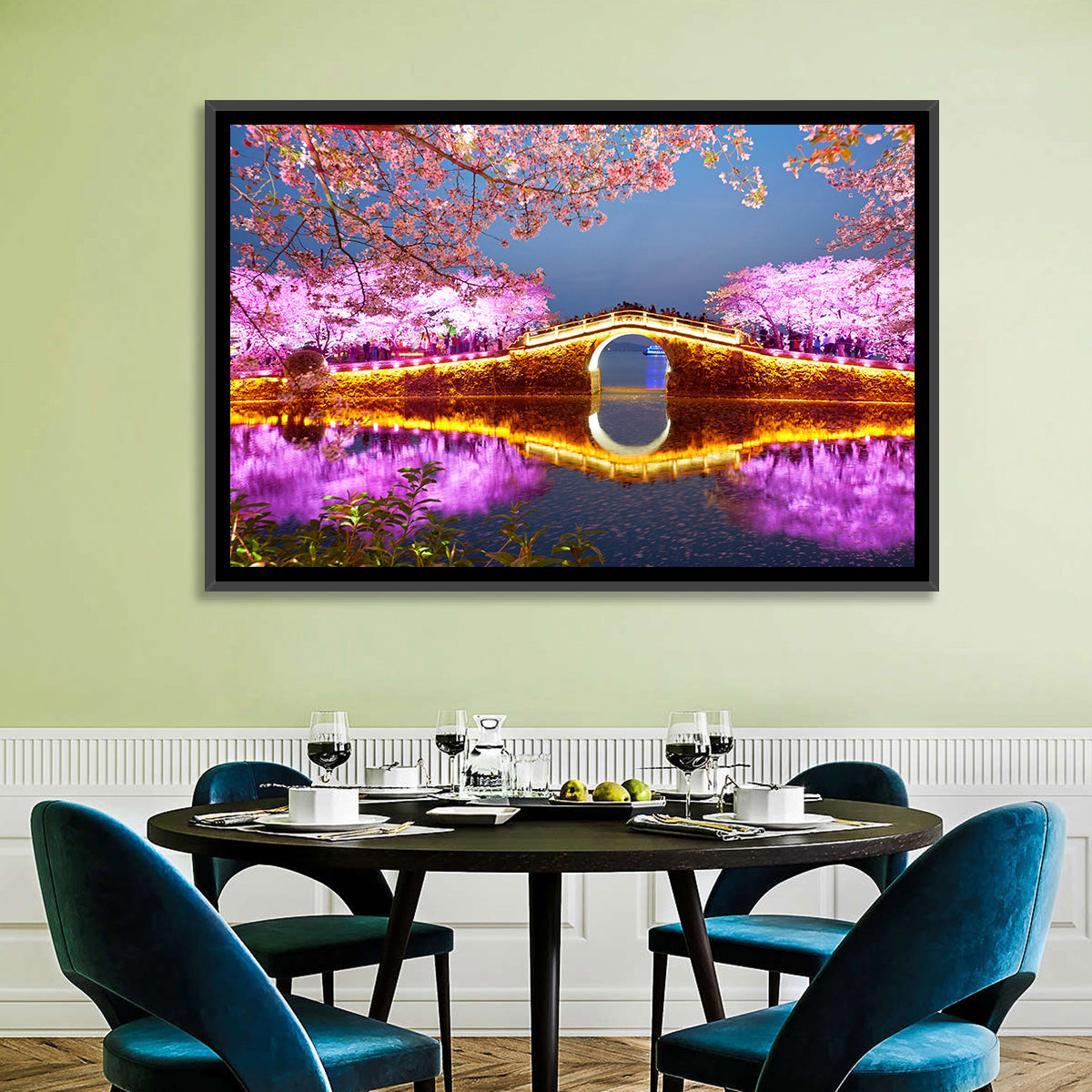 Illuminated Cherry Blossom Bridge Wall Art in a room, landscape
