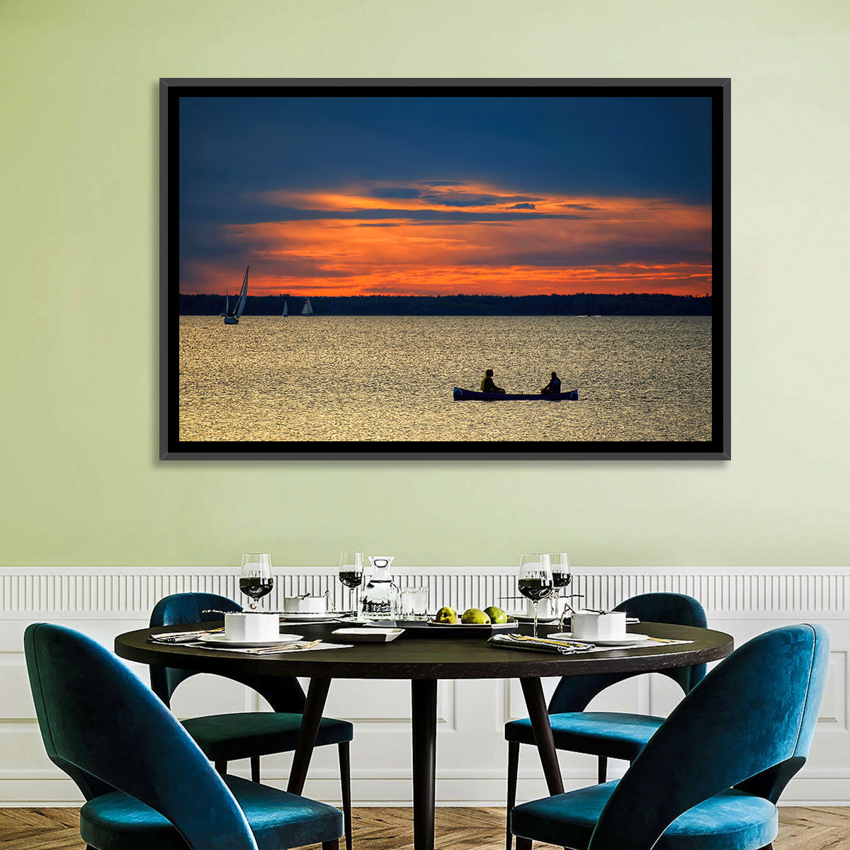Ottawa River Sunset Canoe Wall Art in a room, landscape