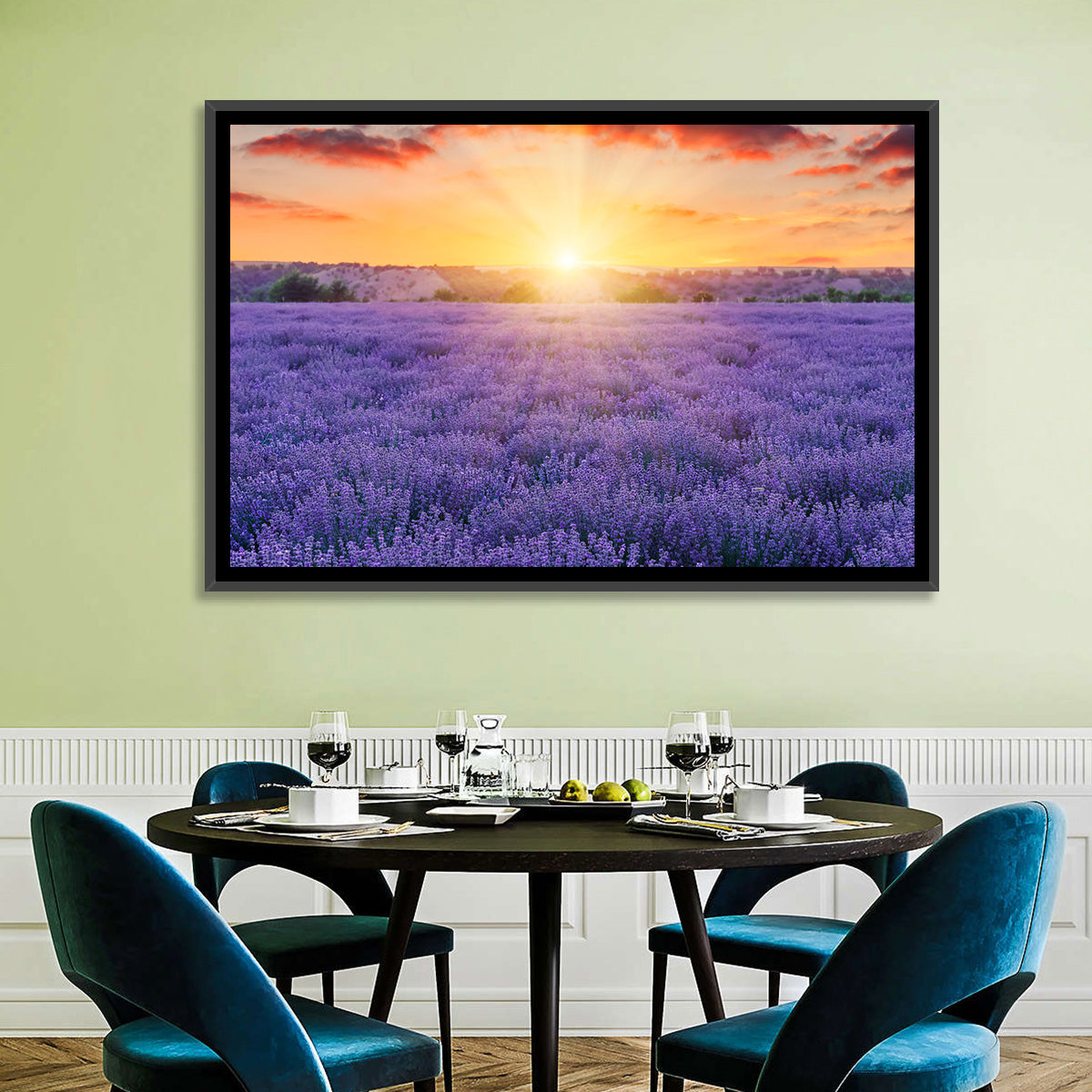 Lavender Field Sunburst Wall Art in a room, landscape
