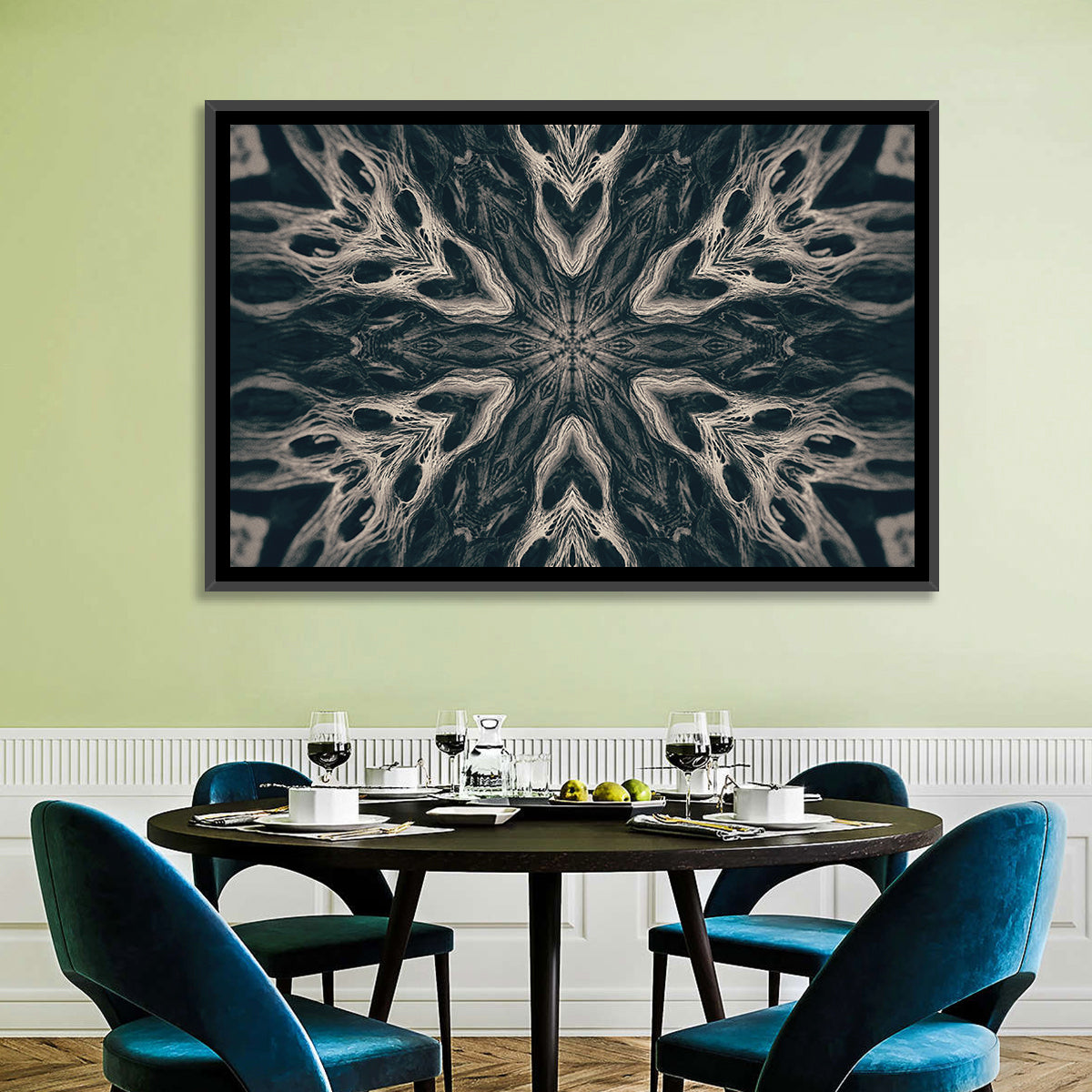 Black Gothic Demon Mandala Wall Art in a room, landscape