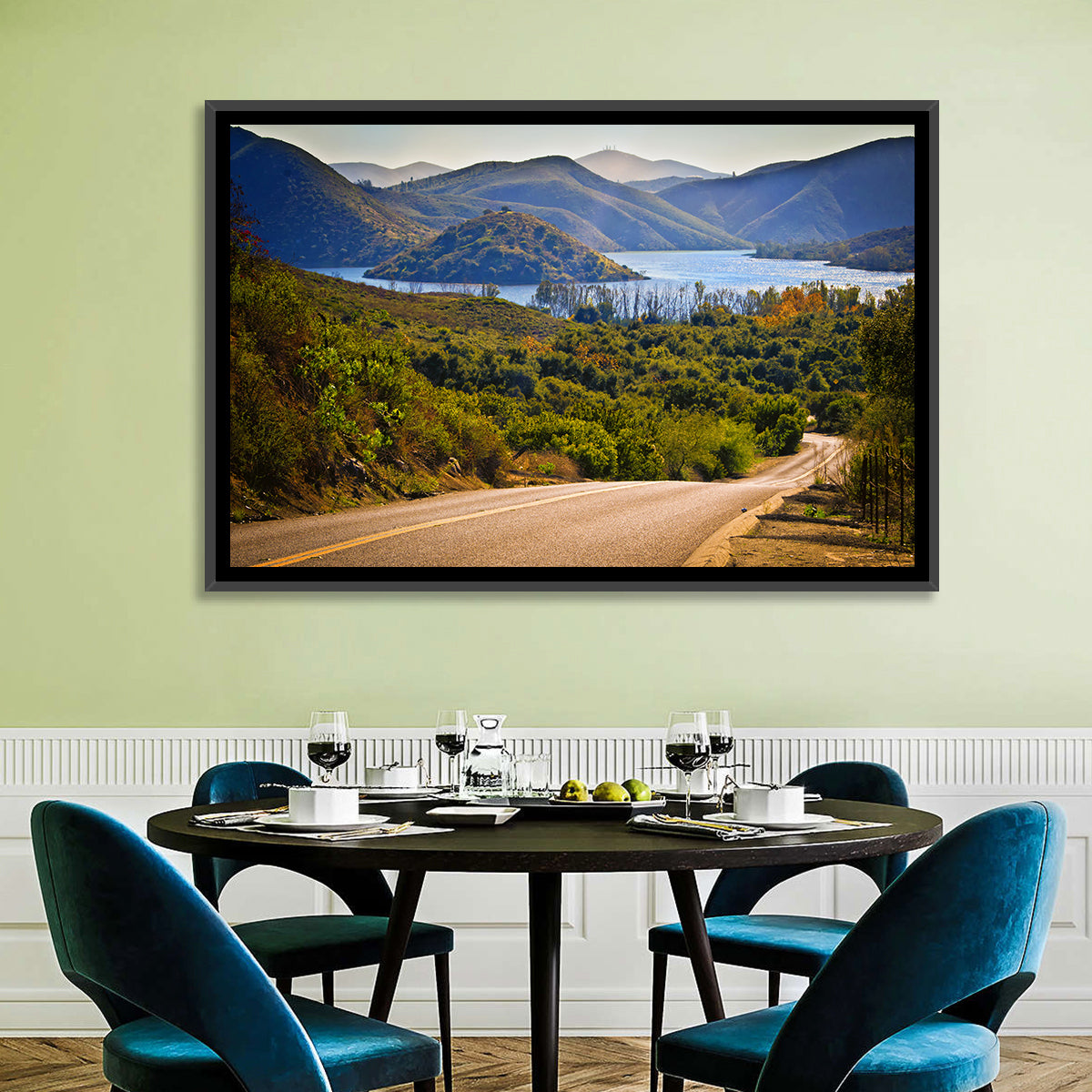 Lake Hodges Roadside Vista Wall Art in a room, landscape