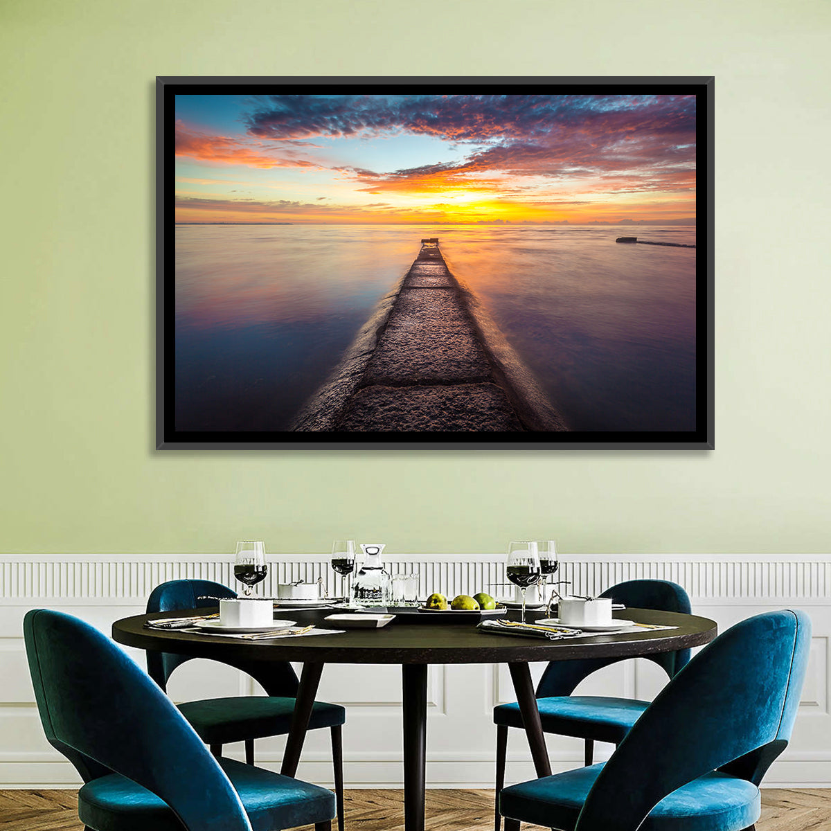 Stone Pier to Glowing Horizon Wall Art in a room, landscape