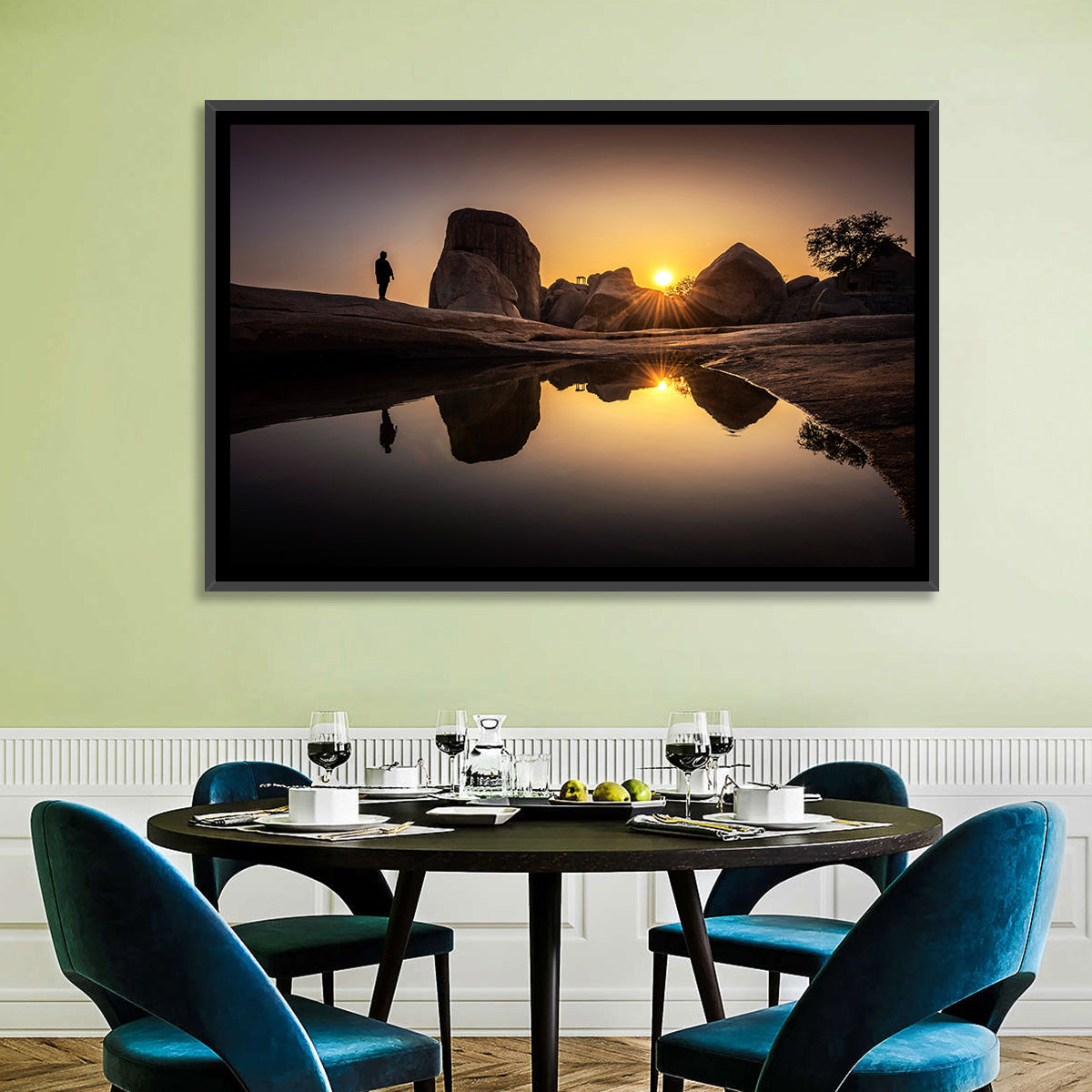 Hemakuta Hill Sunrise Temples Wall Art in a room, landscape