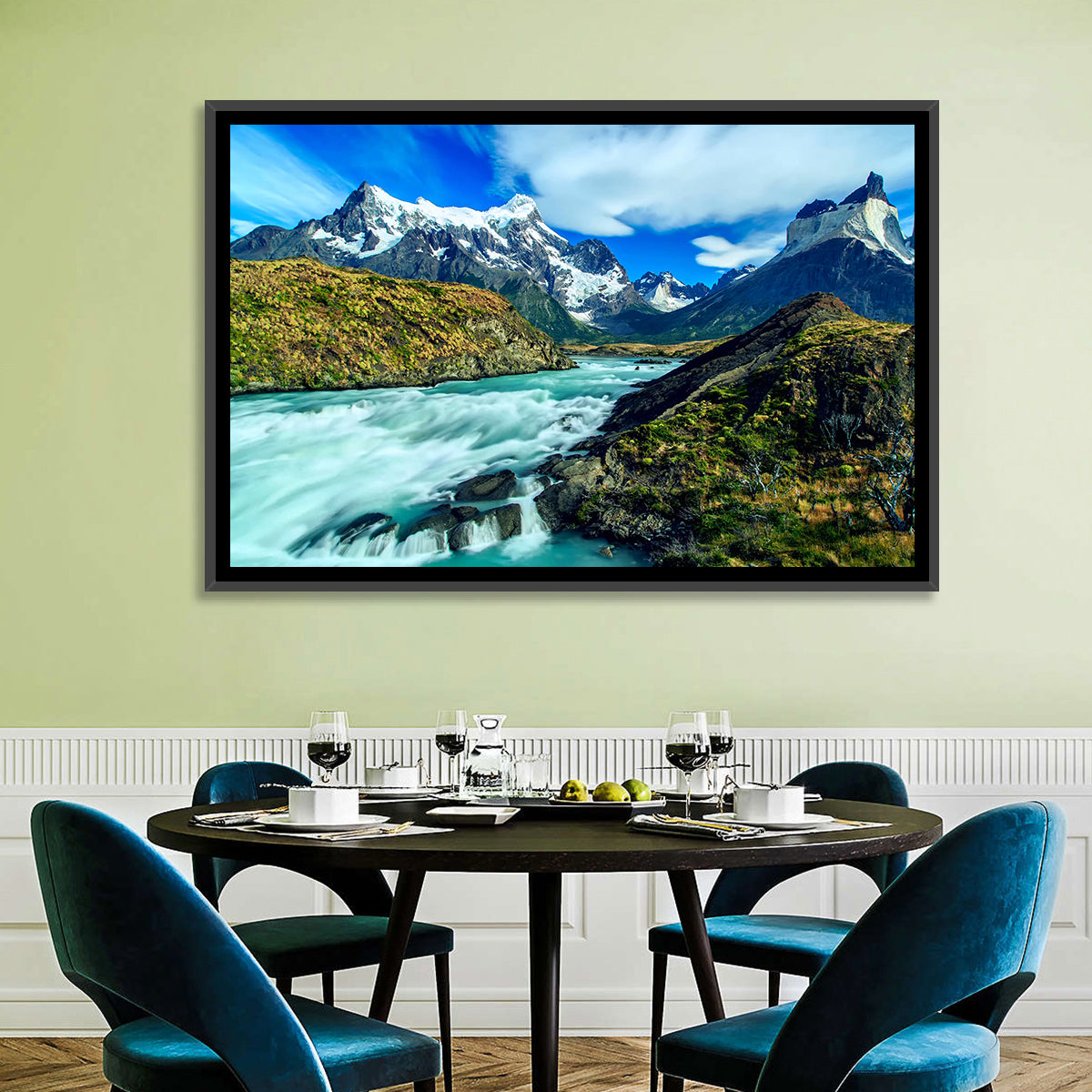 Torres Del Paine Glacier Stream Wall Art in a room, landscape
