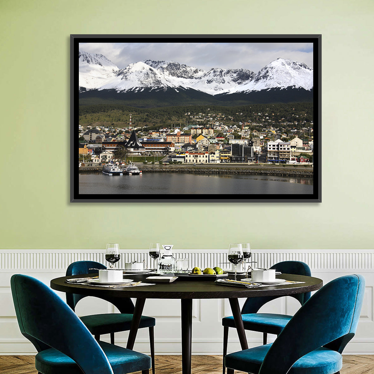 Ushuaia Harbor and Snowcapped Mountains Wall Art in a room, landscape