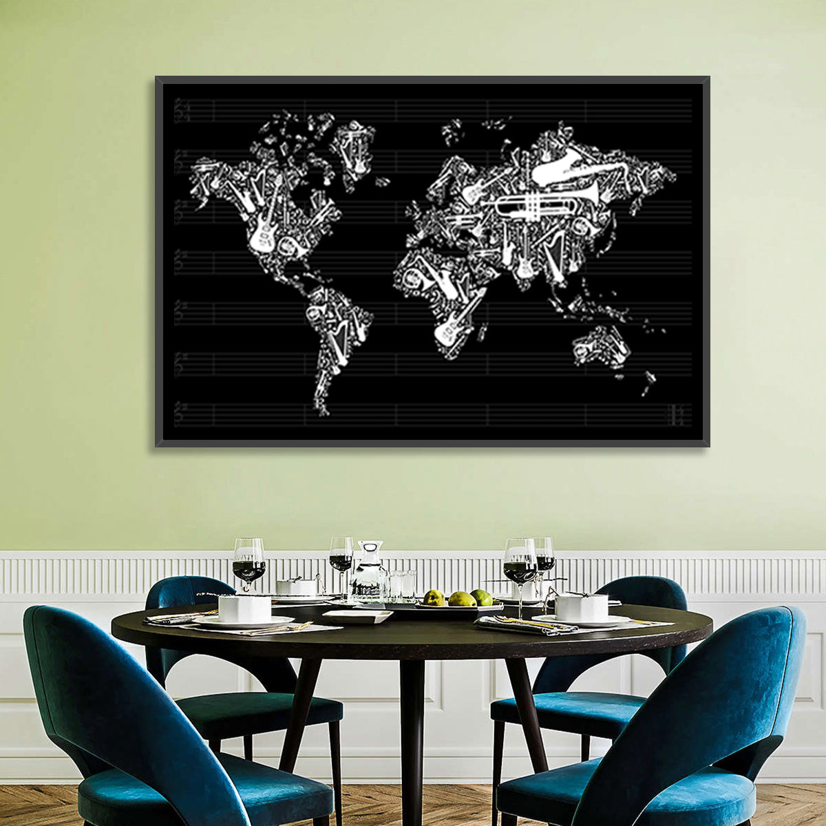Instrument Silhouette World Map Wall Art in a room, landscape
