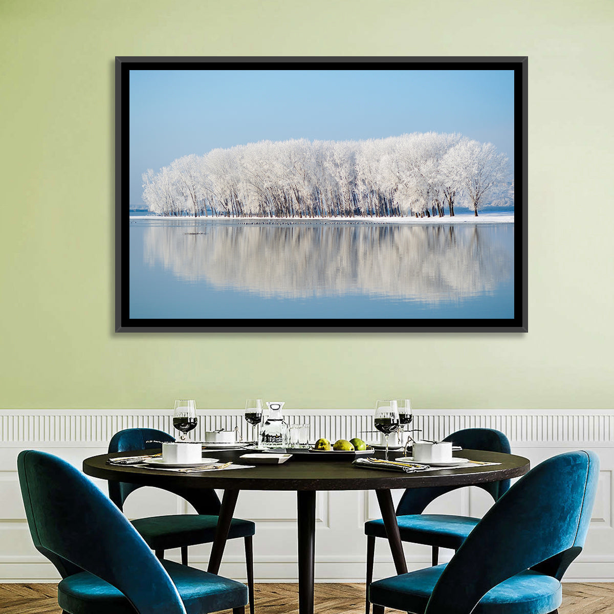 Frost Covered Lakeside Trees Wall Art in a room, landscape