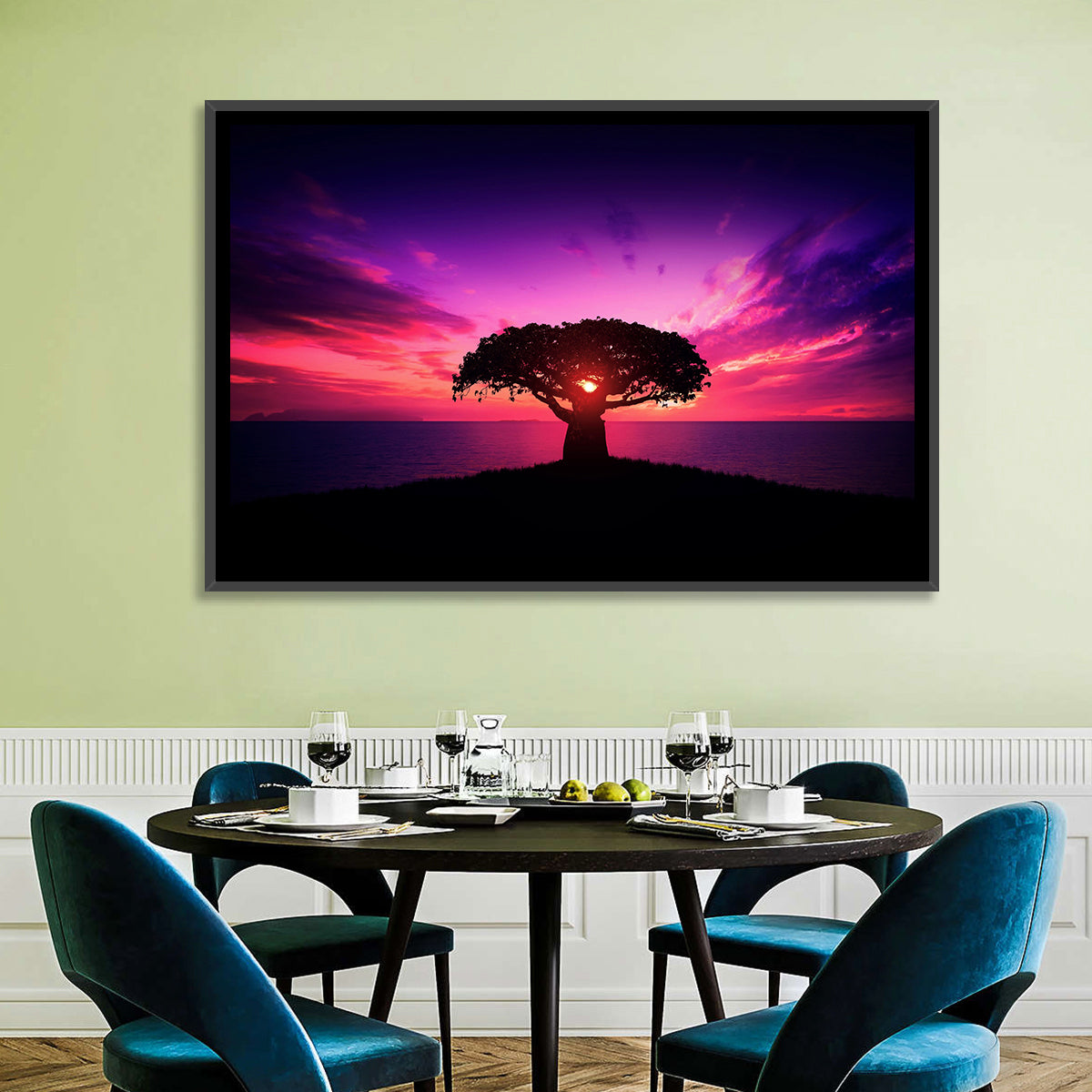 Baobab Sunset Silhouette Wall Art in a room, landscape