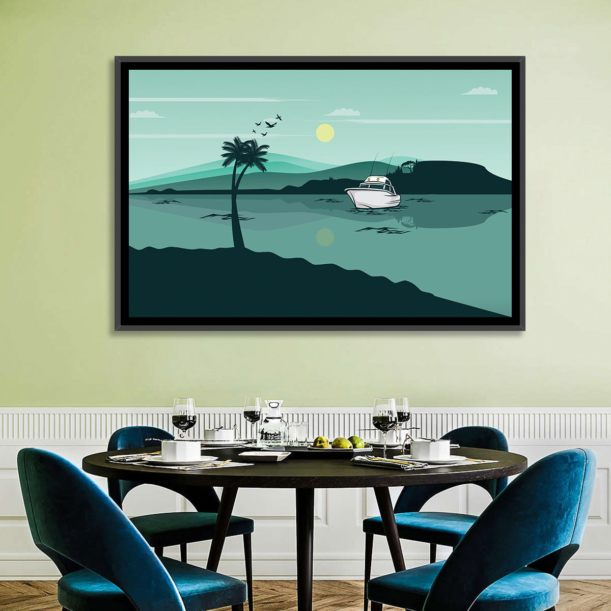 Teal Lake Boat with Palm Tree Wall Art in a room, landscape