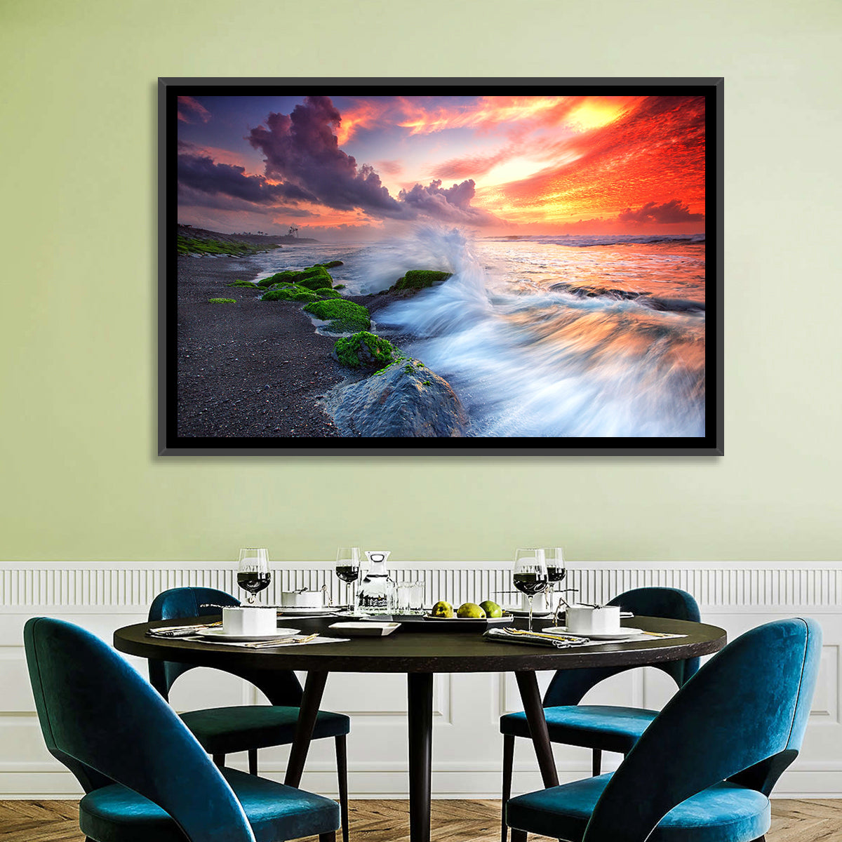 Ocean Waves Under Burning Sky Wall Art