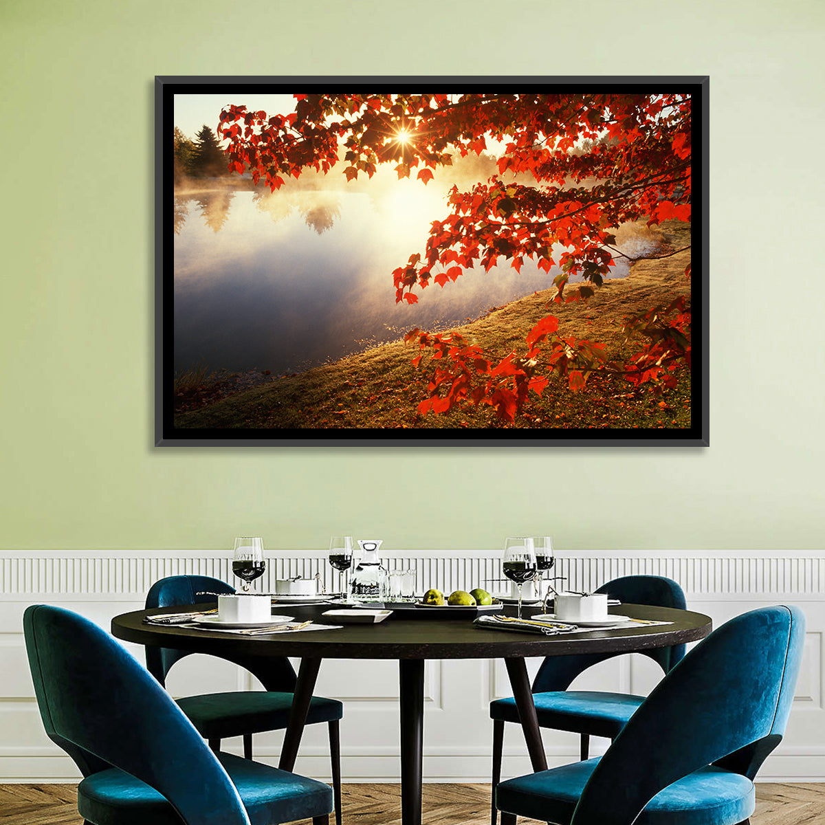 Autumn Pond Sunrise Connecticut Wall Art in a room, landscape