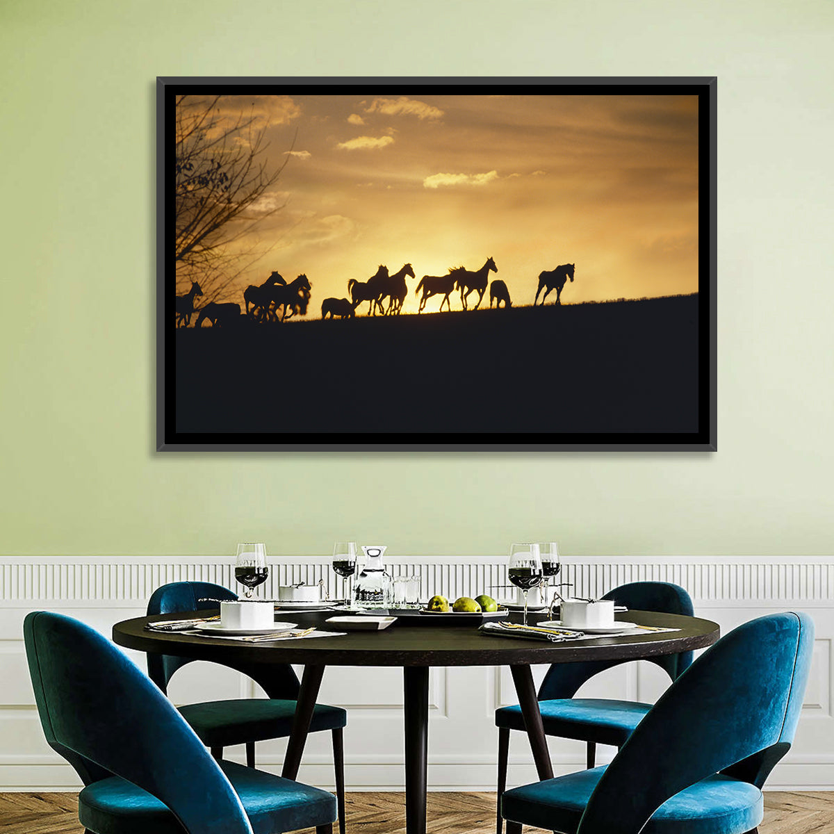 Mustang Silhouettes at Sunset Wall Art in a room, landscape