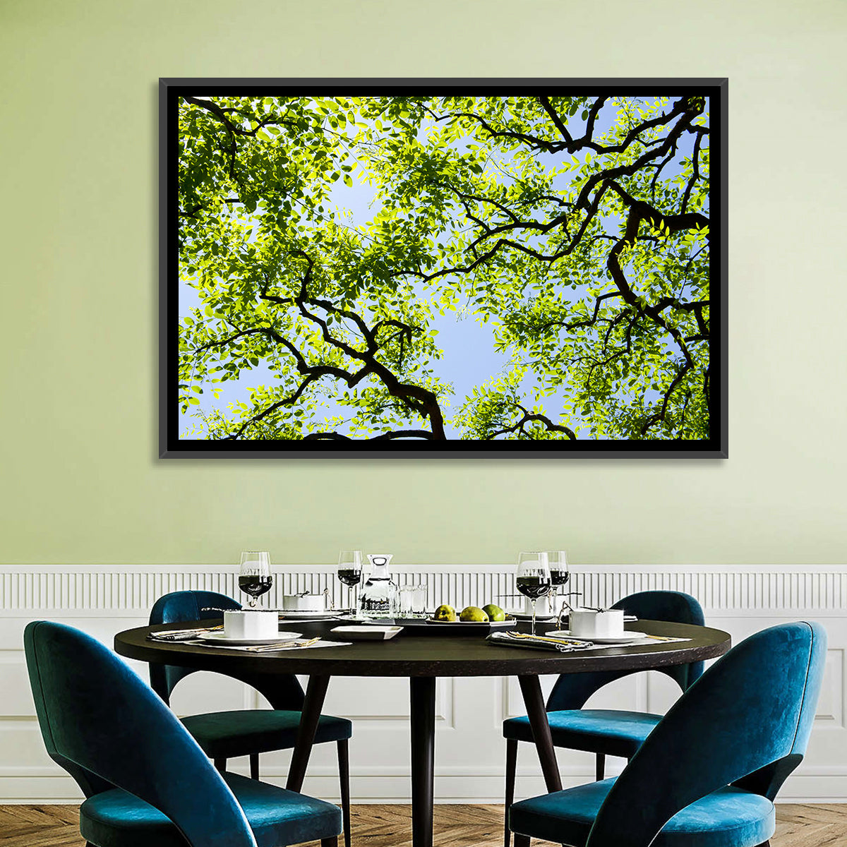 Sunlit Tree Canopy Wall Art in a room, landscape