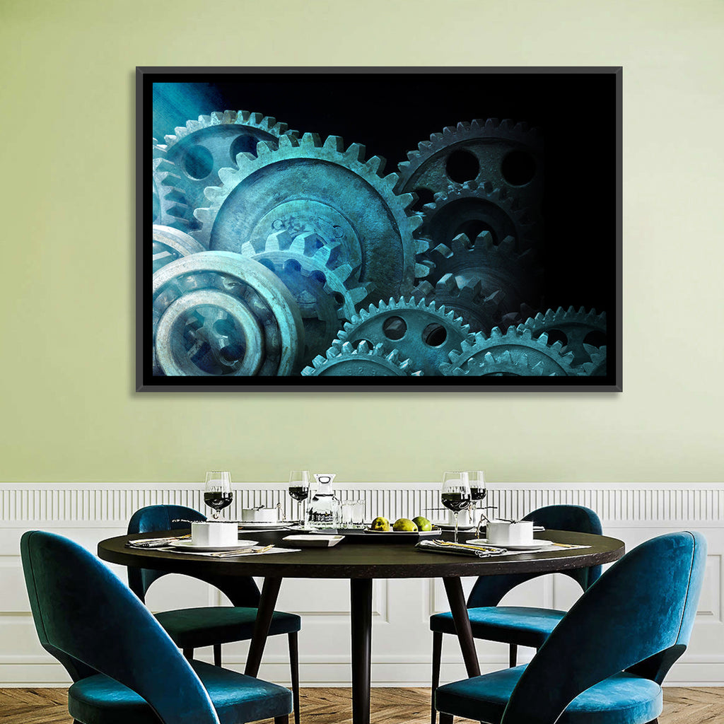 Teal and Steel Cogwheel Close-up Wall Art