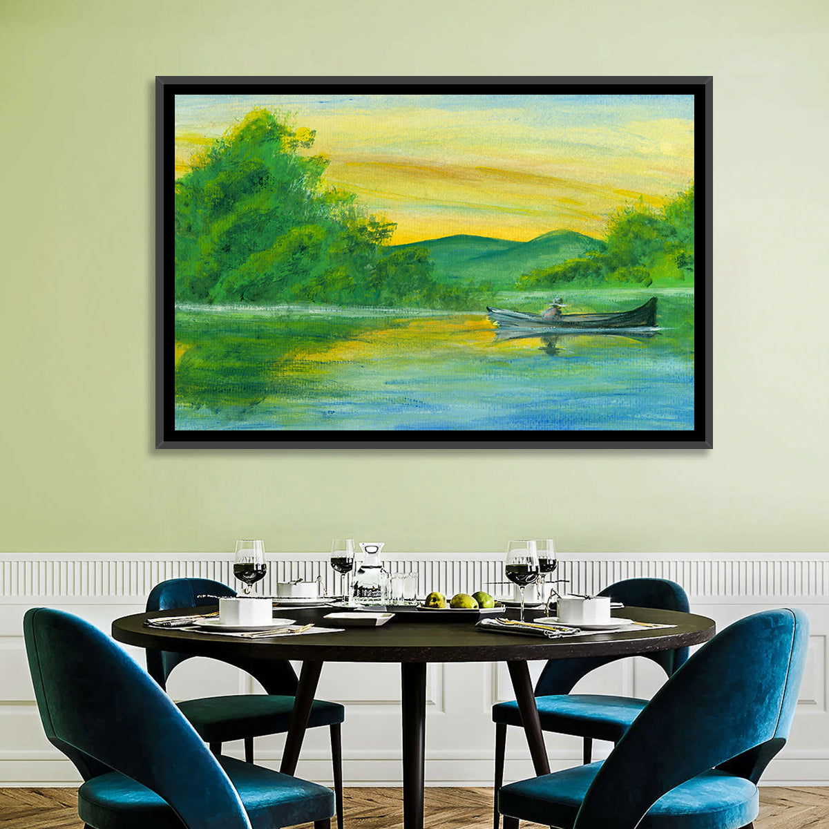 Rowboat on Serene Lake Watercolor Wall Art in a room, landscape