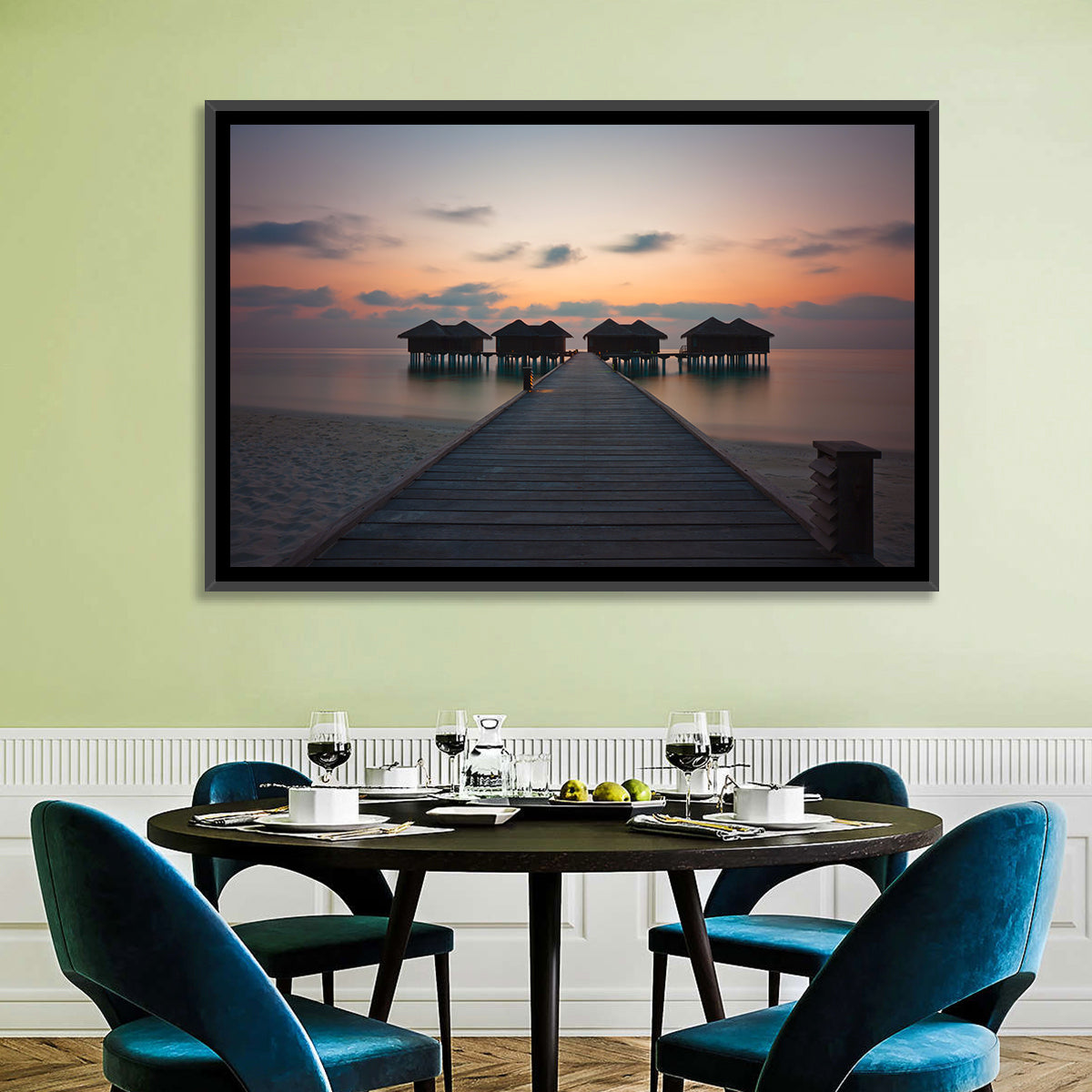 Overwater Bungalows at Sunset Wall Art in a room, landscape