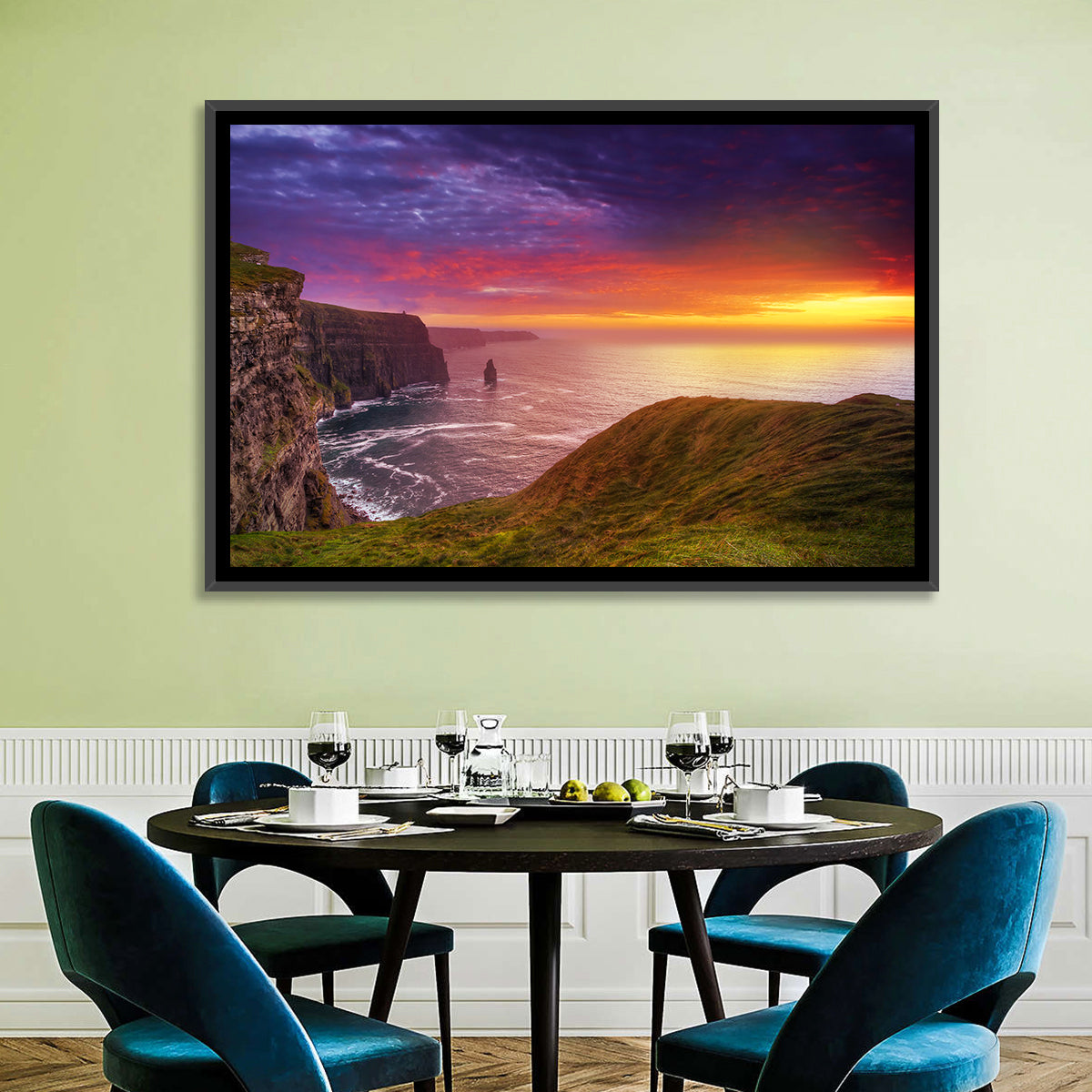 Cliffs of Moher Sea Stack at Sunset Wall Art in a room, landscape