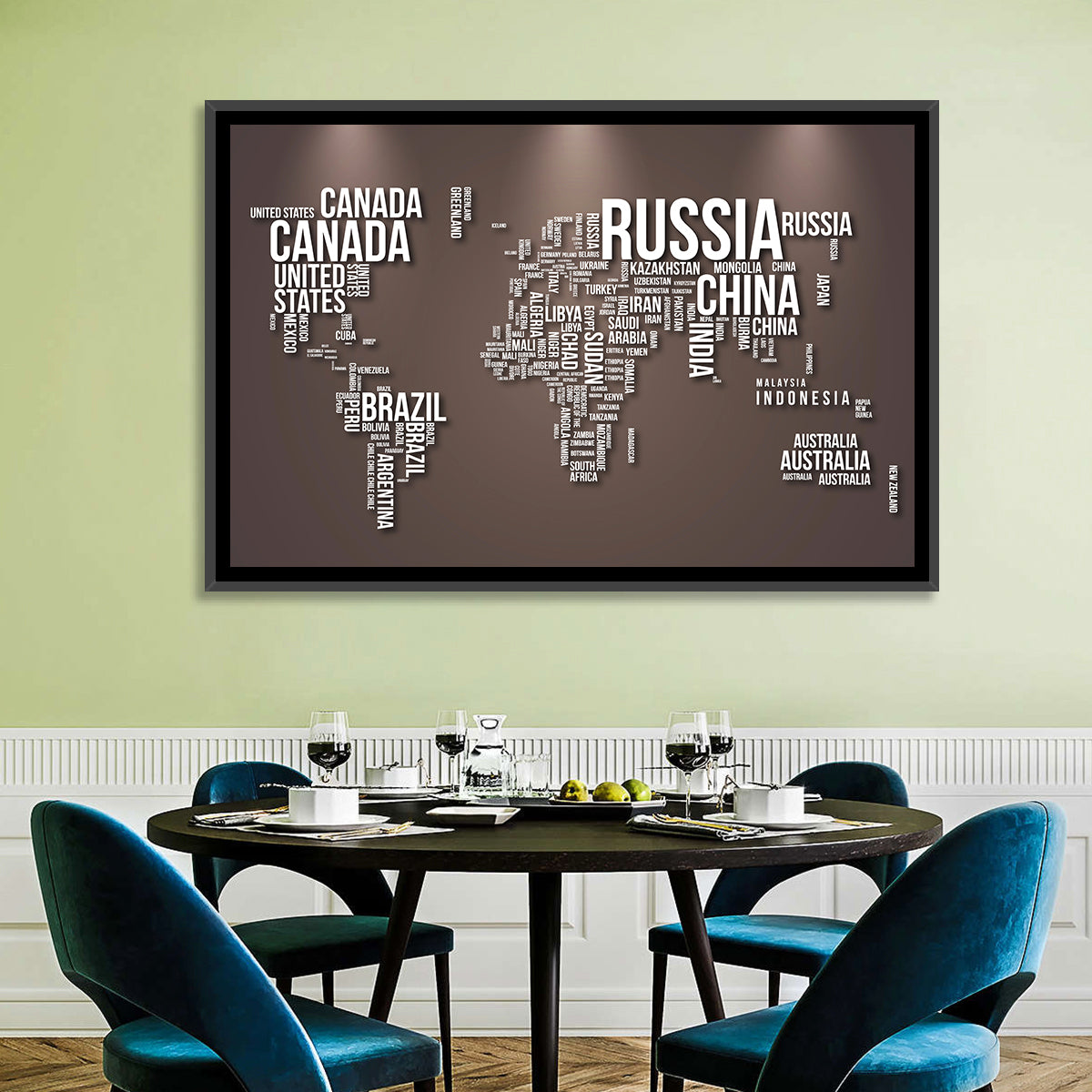 World Map Typography in Brown and White Wall Art in a room, landscape