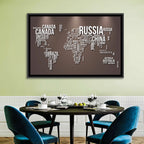 World Map Typography in Brown and White Wall Art