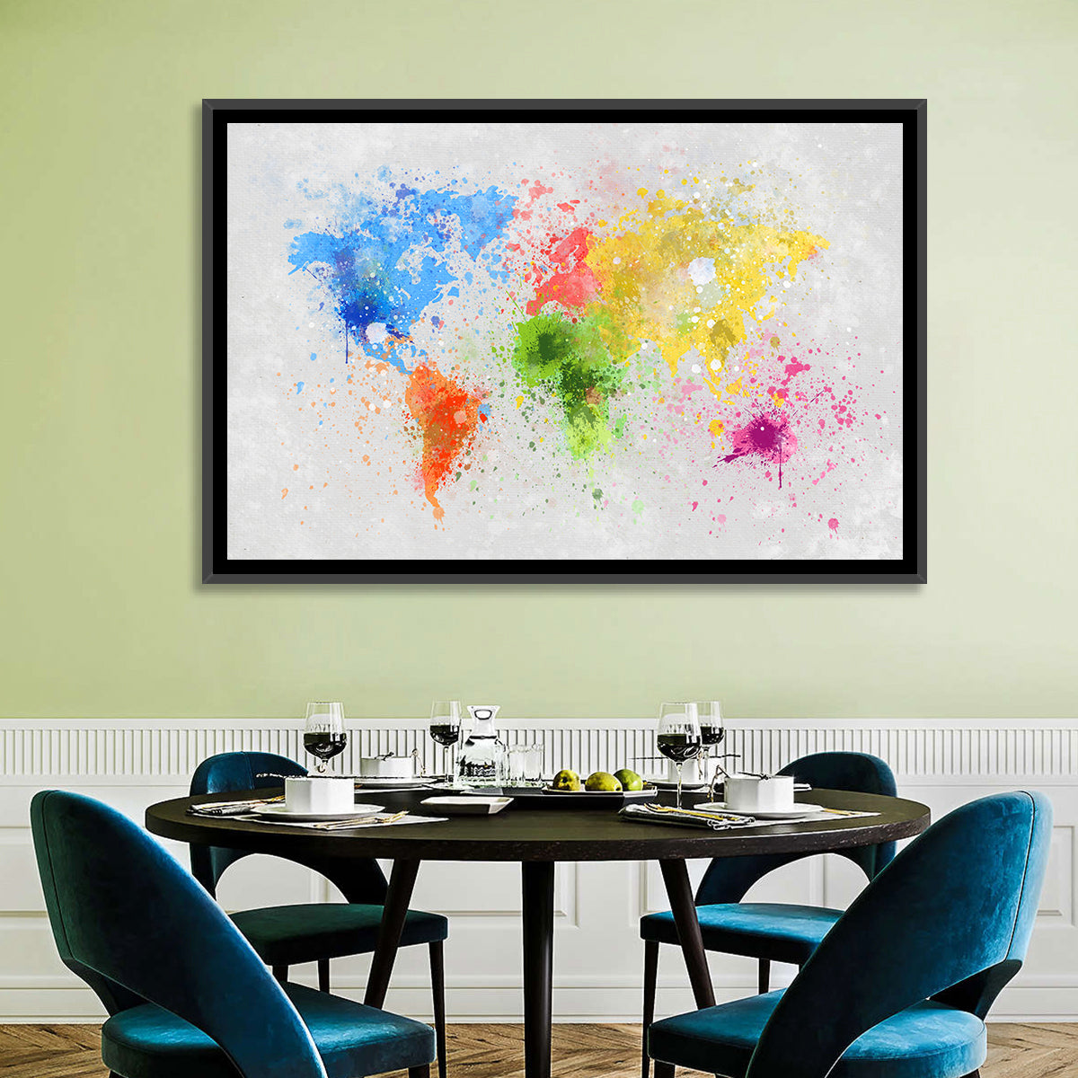 Vibrant Watercolor World Map Wall Art in a room, landscape